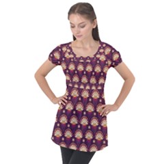 Background Floral Pattern Purple Puff Sleeve Tunic Top