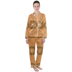 Flowers Screws Rounds Circle Satin Long Sleeve Pyjamas Set