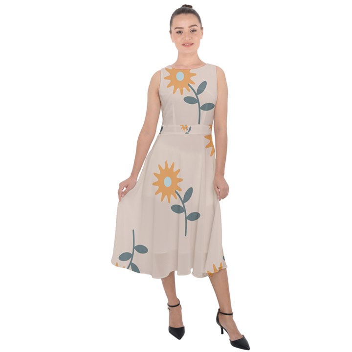 Flowers Continuous Pattern Nature Midi Tie-Back Chiffon Dress