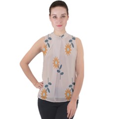 Flowers Continuous Pattern Nature Mock Neck Chiffon Sleeveless Top