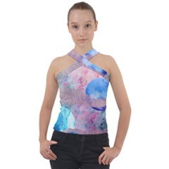 Abstract Clouds And Moon Cross Neck Velour Top