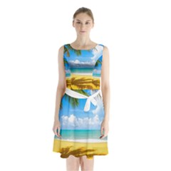 Beach With Palm Trees Sleeveless Waist Tie Chiffon Dress