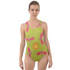 Dragonfly Sun Flower Seamlessly Cut-out Back One Piece Swimsuit