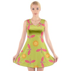 Dragonfly Sun Flower Seamlessly V-neck Sleeveless Dress