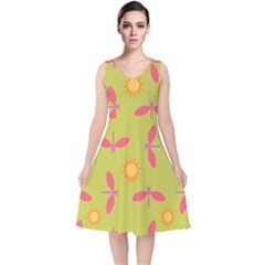 Dragonfly Sun Flower Seamlessly V-neck Midi Sleeveless Dress 