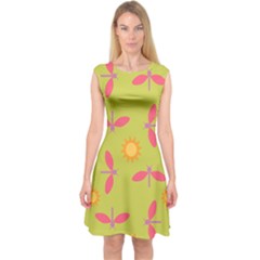 Dragonfly Sun Flower Seamlessly Capsleeve Midi Dress