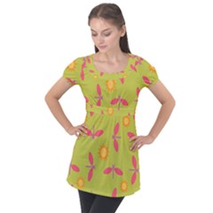 Dragonfly Sun Flower Seamlessly Puff Sleeve Tunic Top