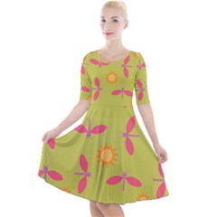 Dragonfly Sun Flower Seamlessly Quarter Sleeve A-line Dress