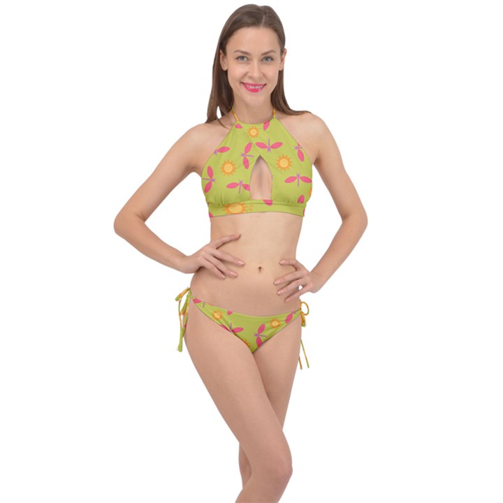 Dragonfly Sun Flower Seamlessly Cross Front Halter Bikini Set