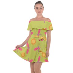 Dragonfly Sun Flower Seamlessly Off Shoulder Velour Dress by HermanTelo