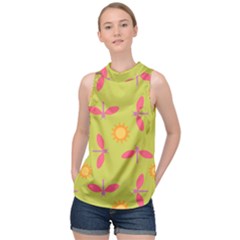 Dragonfly Sun Flower Seamlessly High Neck Satin Top by HermanTelo