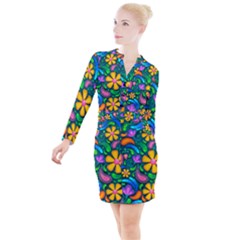 Floral Paisley Background Flower Green Button Long Sleeve Dress by HermanTelo