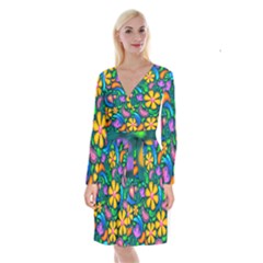 Floral Paisley Background Flower Green Long Sleeve Velvet Front Wrap Dress