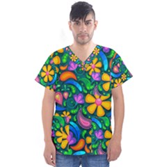 Floral Paisley Background Flower Green Men s V-neck Scrub Top