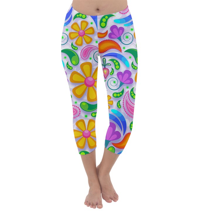 Floral Paisley Background Flower Yellow Capri Winter Leggings 