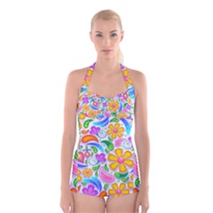 Floral Paisley Background Flower Yellow Boyleg Halter Swimsuit 