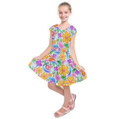 Floral Paisley Background Flower Yellow Kids  Short Sleeve Dress