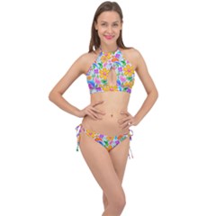 Floral Paisley Background Flower Yellow Cross Front Halter Bikini Set by HermanTelo