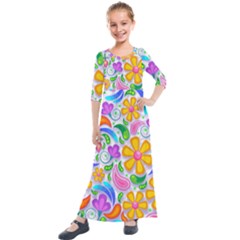 Floral Paisley Background Flower Yellow Kids  Quarter Sleeve Maxi Dress by HermanTelo