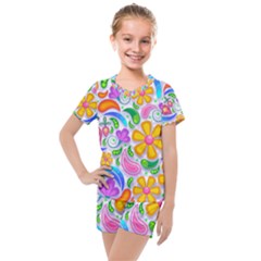 Floral Paisley Background Flower Yellow Kids  Mesh Tee And Shorts Set