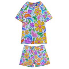 Floral Paisley Background Flower Yellow Kids  Swim Tee And Shorts Set