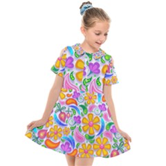 Floral Paisley Background Flower Yellow Kids  Short Sleeve Shirt Dress