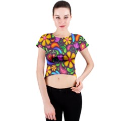 Floral Paisley Background Flower Purple Crew Neck Crop Top