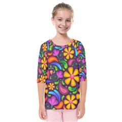 Floral Paisley Background Flower Purple Kids  Quarter Sleeve Raglan Tee