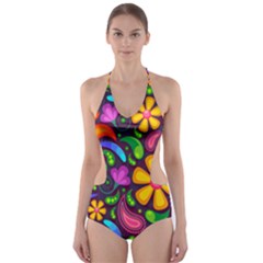 Floral Paisley Background Flower Purple Cut-out One Piece Swimsuit by HermanTelo