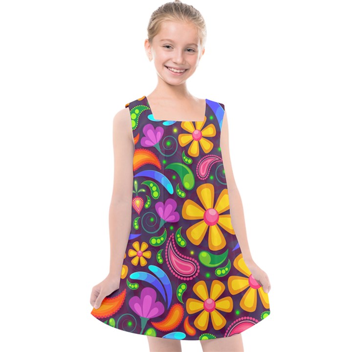 Floral Paisley Background Flower Purple Kids  Cross Back Dress