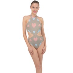 Hearts Heart Love Romantic Brown Halter Side Cut Swimsuit by HermanTelo