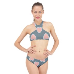 Hearts Love Blue Pink Green High Neck Bikini Set by HermanTelo