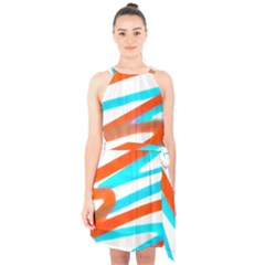 Abstract Colors Print Design Halter Collar Waist Tie Chiffon Dress