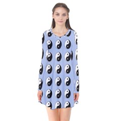 Yin Yang Pattern Long Sleeve V-neck Flare Dress