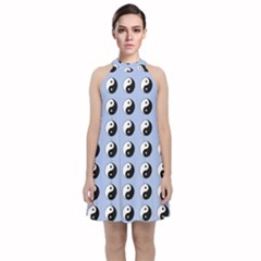 Yin Yang Pattern Velvet Halter Neckline Dress 