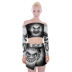 Monster Black White Eyes Off Shoulder Top With Mini Skirt Set