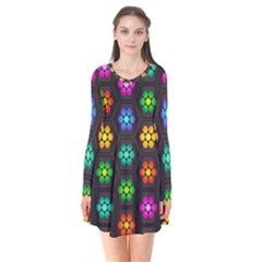 Pattern Background Colorful Design Long Sleeve V-neck Flare Dress