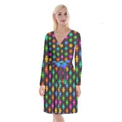 Pattern Background Colorful Design Long Sleeve Velvet Front Wrap Dress by HermanTelo