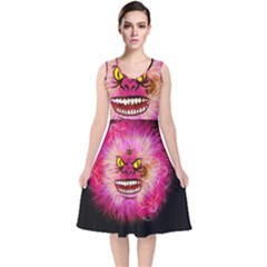 Monster Pink Eyes Aggressive Fangs V-neck Midi Sleeveless Dress  by HermanTelo