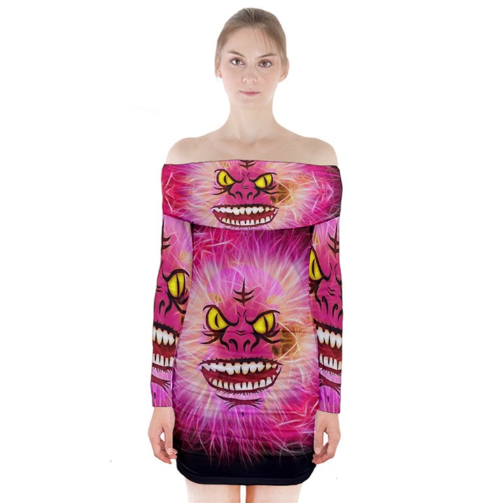 Monster Pink Eyes Aggressive Fangs Long Sleeve Off Shoulder Dress