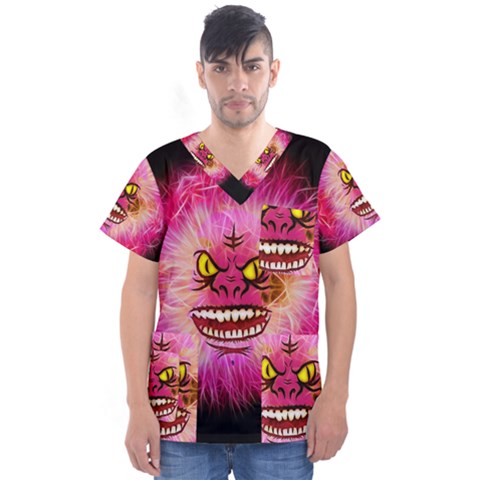 Monster Pink Eyes Aggressive Fangs Men s V-neck Scrub Top by HermanTelo