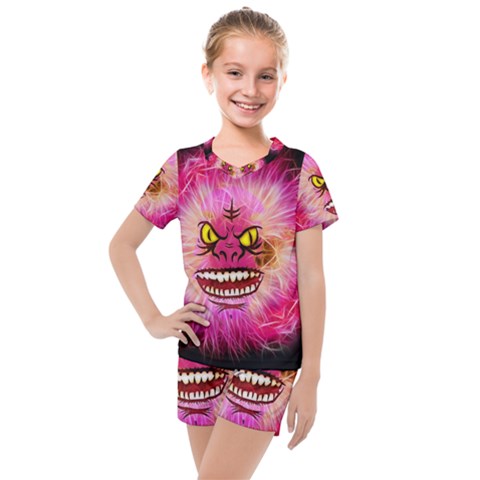 Monster Pink Eyes Aggressive Fangs Kids  Mesh Tee And Shorts Set by HermanTelo