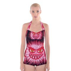 Monster Red Eyes Aggressive Fangs Boyleg Halter Swimsuit 