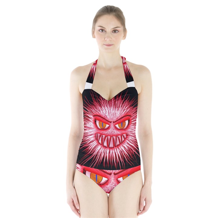 Monster Red Eyes Aggressive Fangs Halter Swimsuit