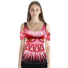 Monster Red Eyes Aggressive Fangs Butterfly Sleeve Cutout Tee 