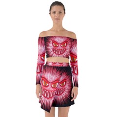 Monster Red Eyes Aggressive Fangs Off Shoulder Top With Skirt Set