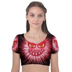 Monster Red Eyes Aggressive Fangs Velvet Short Sleeve Crop Top 