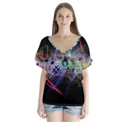 Particles Music Clef Wave V-neck Flutter Sleeve Top by HermanTelo