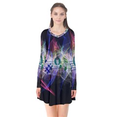 Particles Music Clef Wave Long Sleeve V-neck Flare Dress