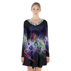 Particles Music Clef Wave Long Sleeve Velvet V-neck Dress by HermanTelo